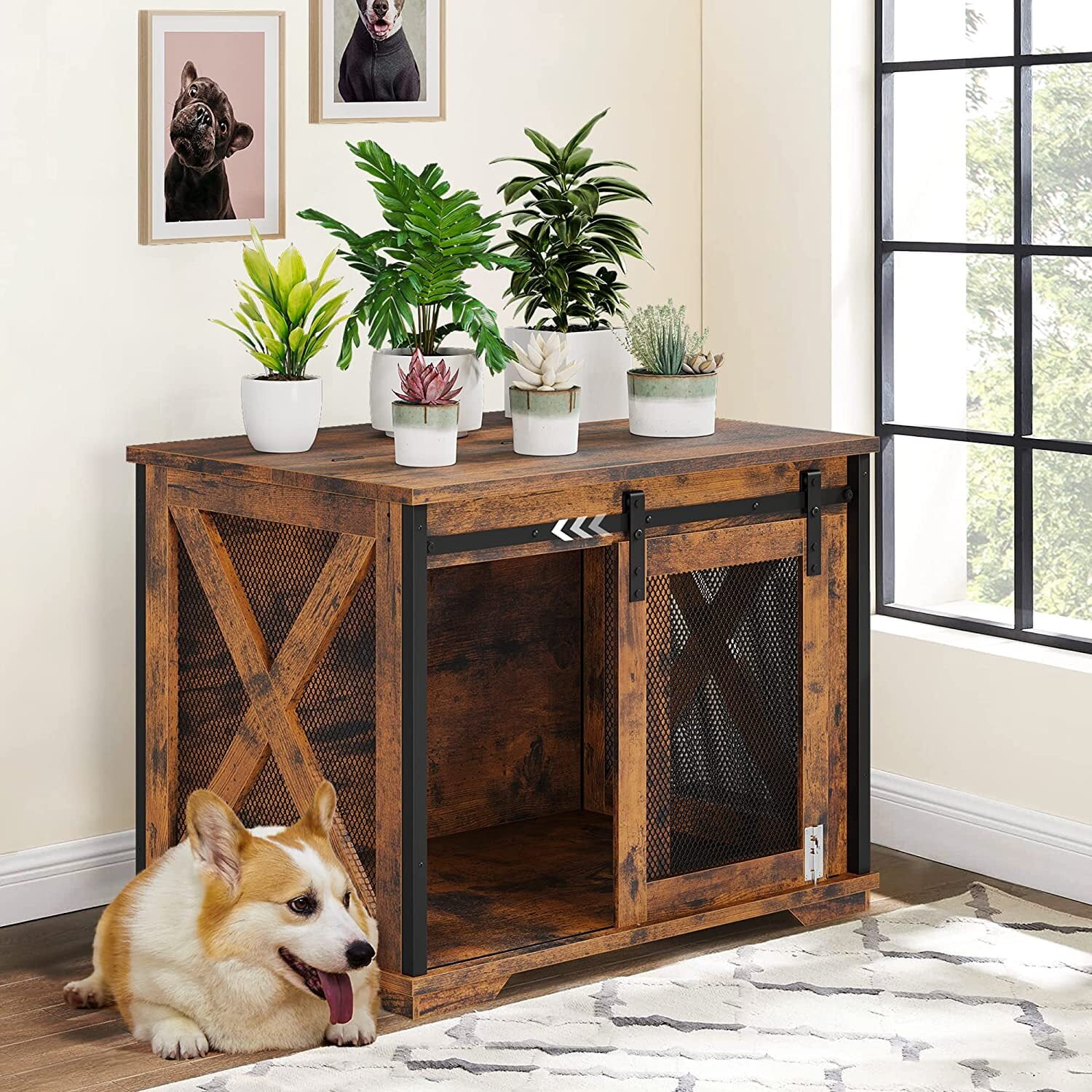 HOSSLLY Large Wooden Barn Door Pet Crate End Table with Sliding Door