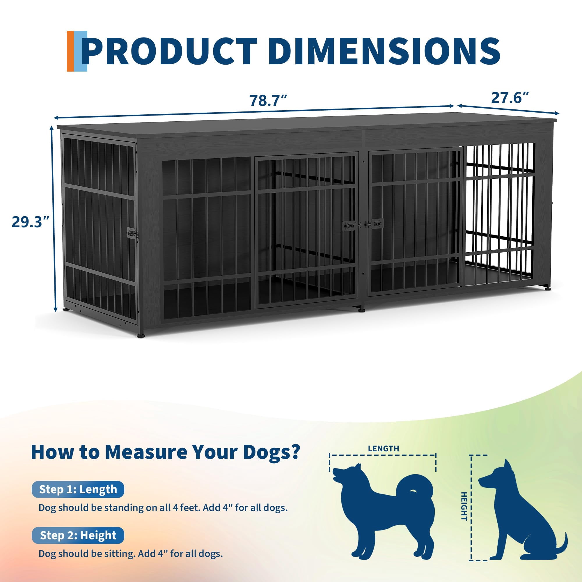 Heavy Duty Extra Large Wooden Dog House Furniture – 4 Doors, Divider & Storage – End Table TV Stand, Indoor Kennel for Large/Medium Breeds – Gray, 2m