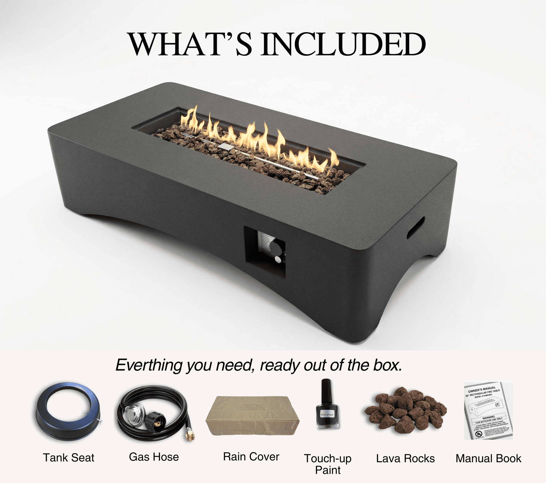 56" Propane Fire Pit Table, 50,000 BTU Outdoor Gas Fireplace, Rectangular Lightweight Concrete Fire Table with Waterproof Cover, Tank Seat & Lava Rocks, Modern Gray Patio Heater for Backyard & Deck