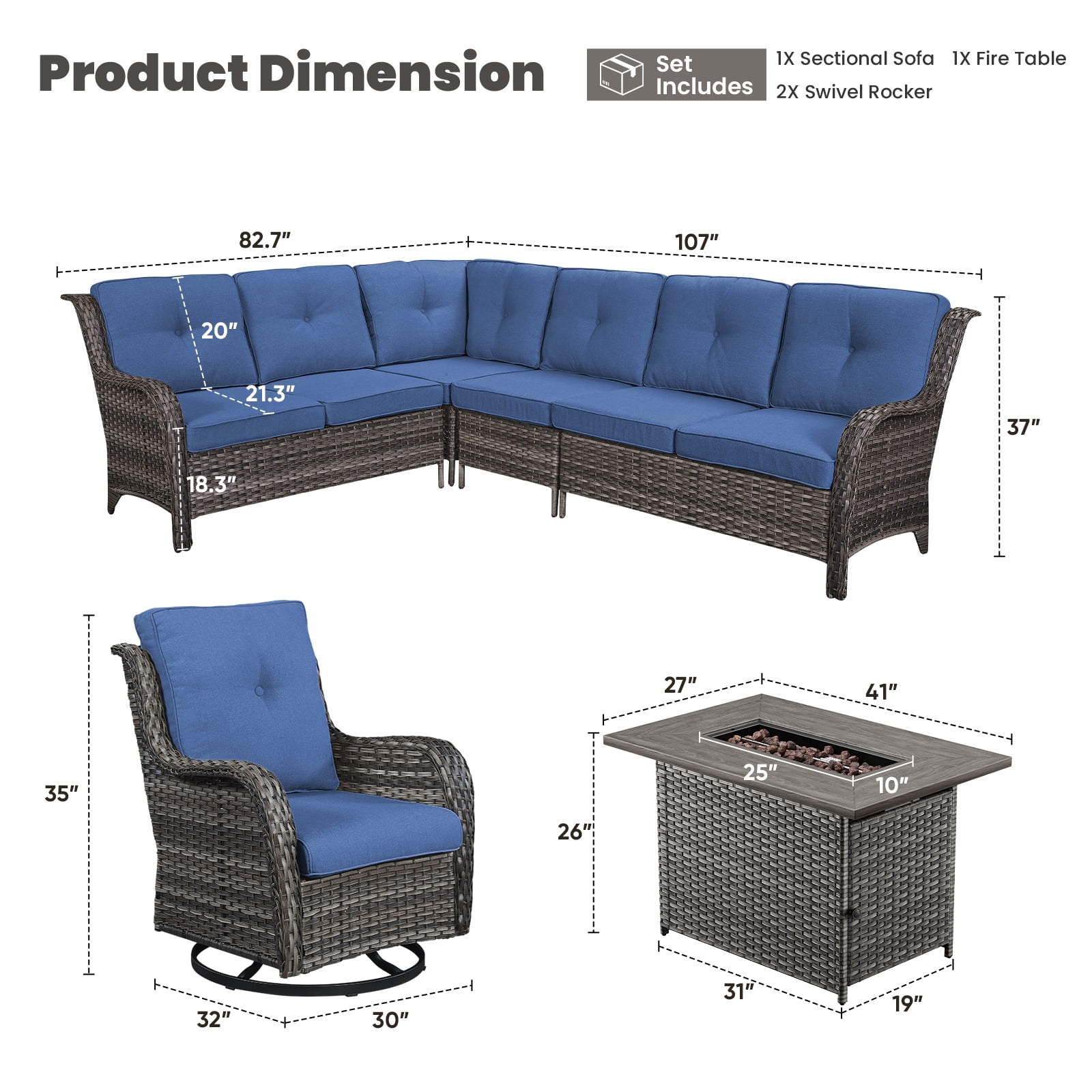 POCASSY 5PCS Patio Furniture Set with Firepit Table, Gray Wicker Furniture Set for Outside with Patio Couch Swivel Chairs - Blue