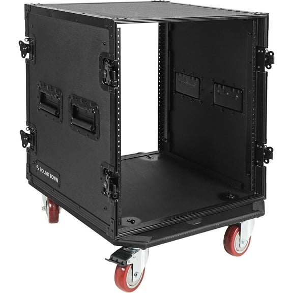 Sound Town Black Series 12U PA/DJ Rack/Road Case with 12-Space, All-Black Anodized Hardware, Plywood, Casters, and 21” Rackable Depth - Pro Tour Grade (STRC-B12UW)