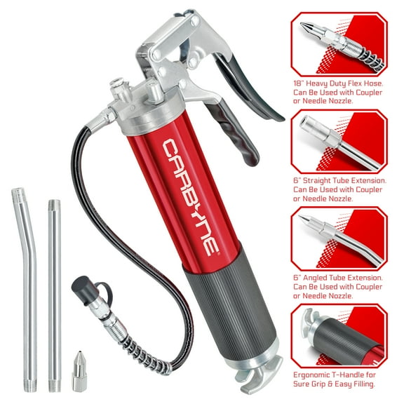 CARBYNE Grease Gun - Pistol Grip, 7500 PSI, Heavy Duty Professional Quality, Anodized Aluminum Barrel. 18" HD Flex Hose w/Spring, 6" Straight & 6" Angled Tube, Coupler & Needle Nozzle, 3-Way Loading