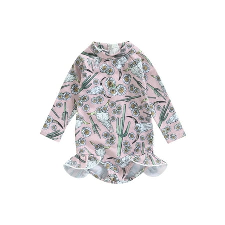 

Zervatek Toddler Girls Summer Romper Bathing Suit Long Sleeve O Neck Cattle Head Floral Print Swimwear