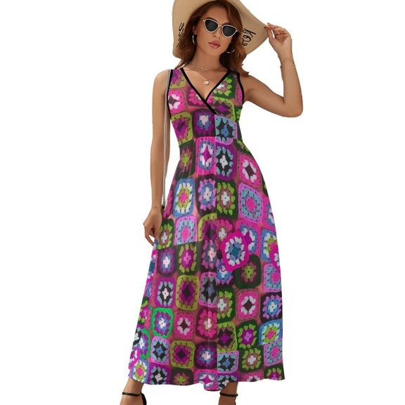 Crochet Blanket Granny Square Vintage Womens Night Club Maxi Dress V Neck Sleeveless Bohemia Long Dresses