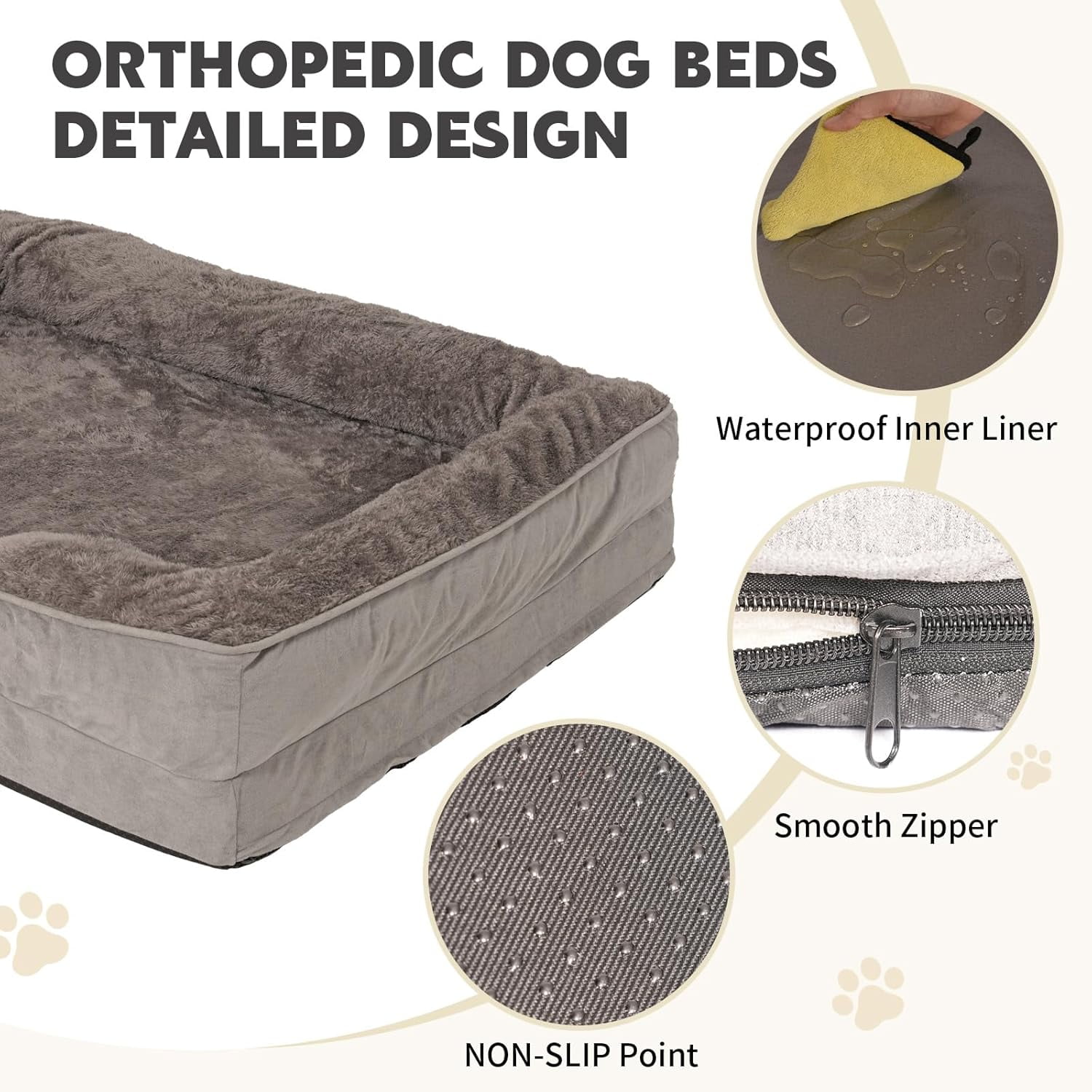 Dog Bed Waterproof Medium/Large Sized XL Foam Pet Beds Removable Washable Cover Dog Sofa Egg Crate Foam Support with Zipper Bottom Bolster Deluxe Plush Mat (34.6x26x7.5in+Grey)
