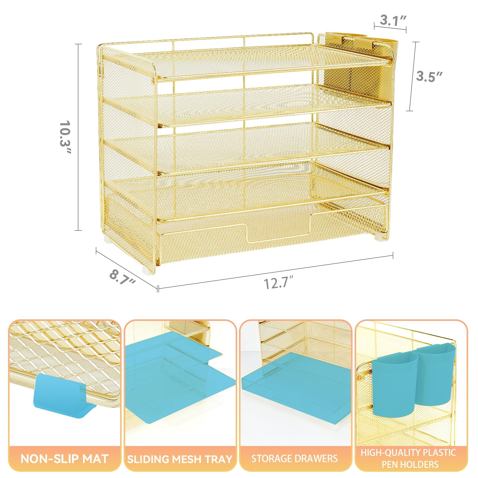 Desk Organizers And Accessories  5-tier Paper Letter Tray Organizer With Drawer & 2 Pen Holders Desktop For Office Supplies (gold)