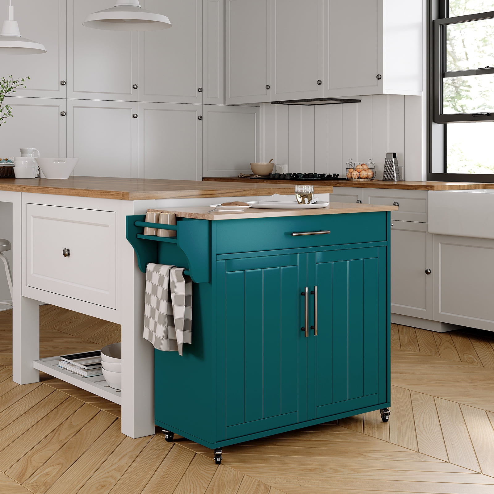 Pingliang Home 35" Kitchen Pantry Cabinet Kitchen Island with Storage,Wood Top Cart with Wheels,Fits for Home Coffee Bar