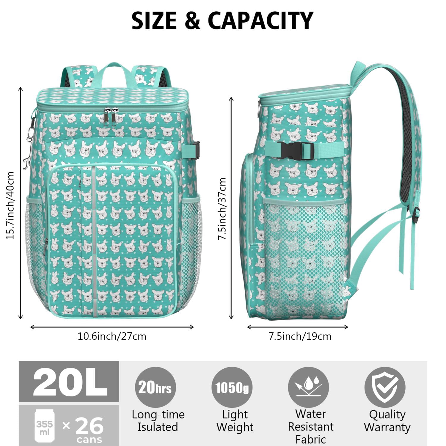 Travel Cooler Bag - Esign Of Head Pug Dog Camping Beer Cooler Backpack with Bottle Opener- Waterproof Insulated Picnic Backpacks - Cooler Bag for Beach