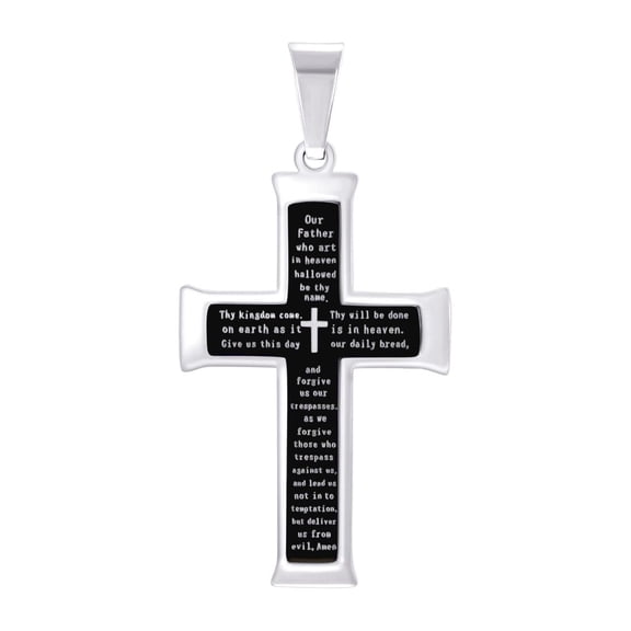 Stainless Steel Black-tone Mens Lord's Prayer Cross Religious Charm Pendant Necklace for Men