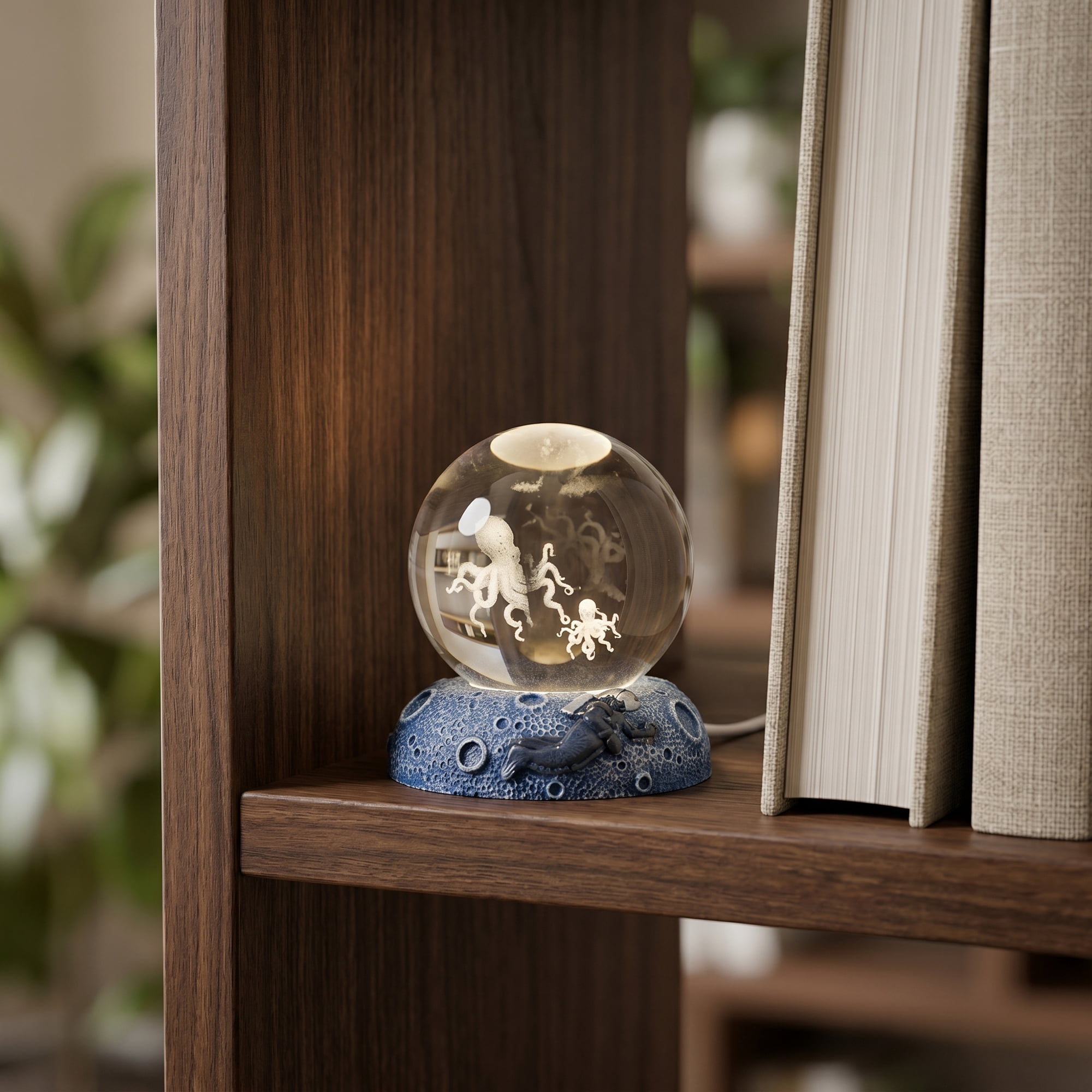 Unique Bargains Glowing Crystal Ball 3D Glass Ornament with LED Light Base Beige Style J