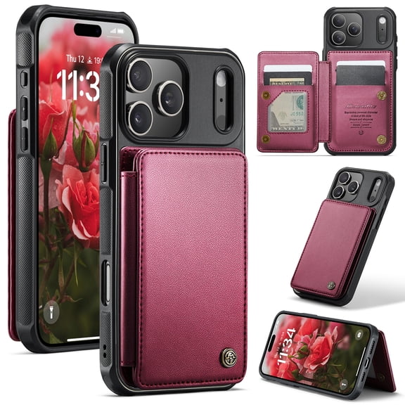 For iPhone 18 Pro Max Case with Card Holder, Wallet Flip Cover Case with RFID Blocking, Durable Leather Kickstand Magnetic Clasp Shockproof Phone Case for Women Men,Red