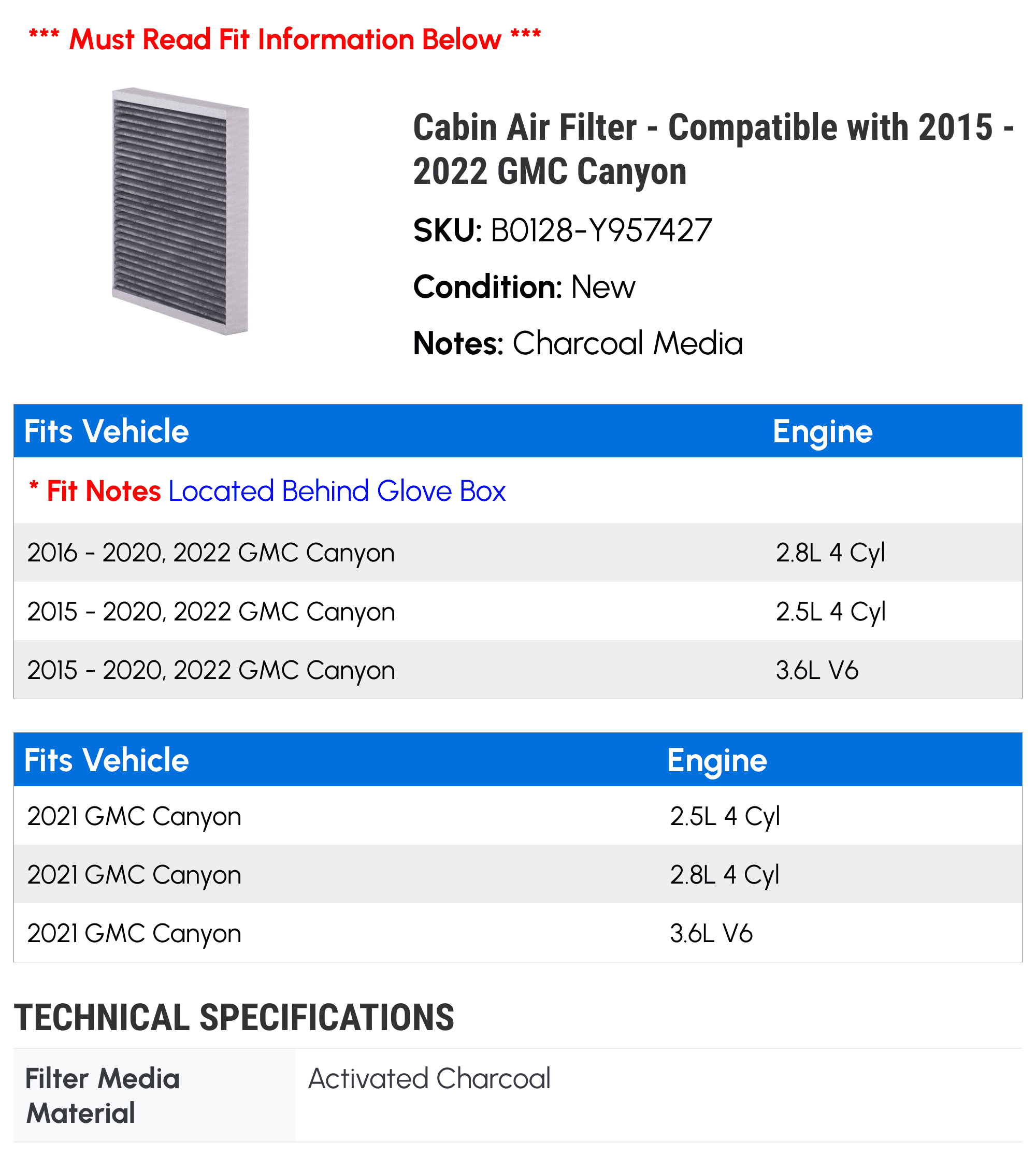Cabin Air Filter - Compatible with 2015 - 2022 GMC Canyon 2016 2017 2018 2019 2020 2021