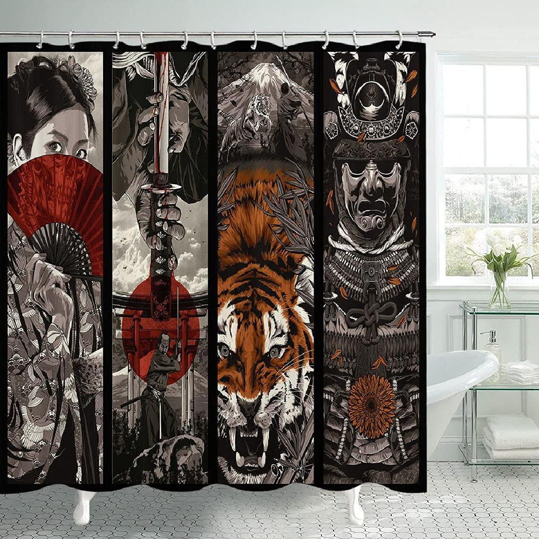 Japanese Ukiyoe Shower Curtain for Bathroom Samurai and Geisha Girl