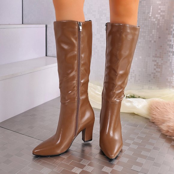 Brown Ladies Boots Chunky Heel Mid-Calf Comfortable Thick Sole Warm Casual Stylish Fall Winter Versatile Non-Slip Wear-Resistant Long Shaft Boots Size 37