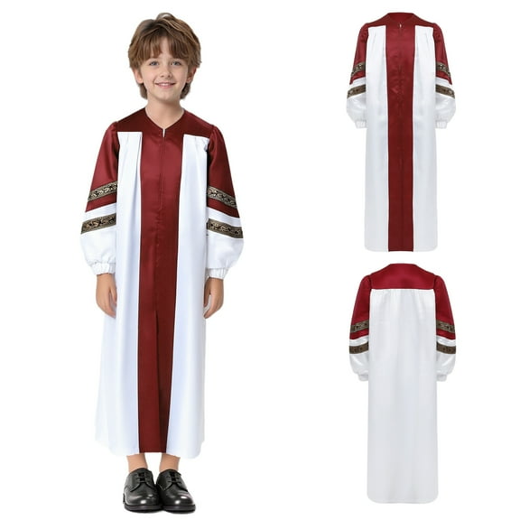 Doomiva Kids Boys Girls Choir Robe Embroidered Stripe Long Sleeve Color Block Hallo ween Cos play Party Clergy Gown Burgundy 10