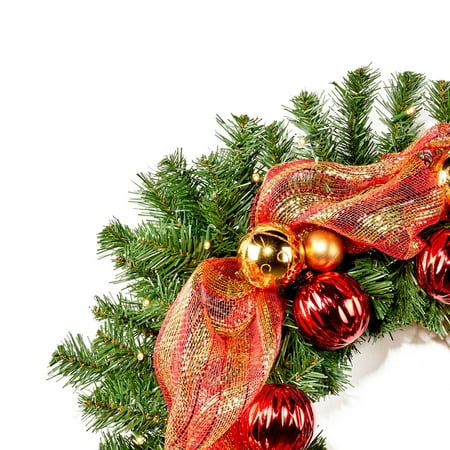 Noble House - 24-inch Noble Fir Pre-Lit Warm White LED Pre-Decorated Artificial Christmas Wreath - Green, Red, Gold