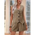 thumbnail image 5 of V-Neck Button-Decorated Vest Shorts Short Two-Piece Suit Khaki M, 5 of 6