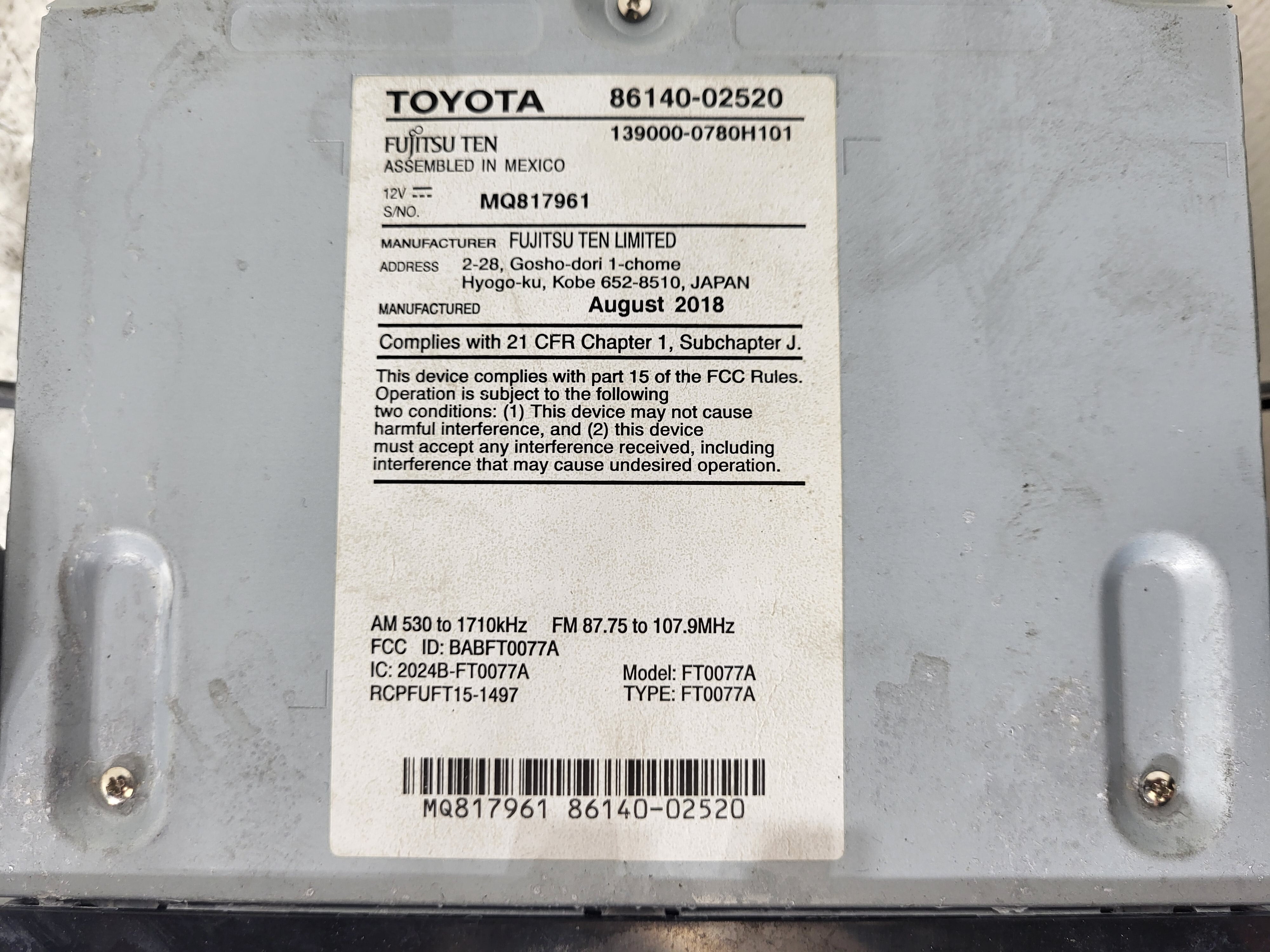 Pre-Owned 2019 Toyota Corolla AM FM Radio Receiver OEM LKQ - Verify Specific Vehicle Fitment In Description - (Good)