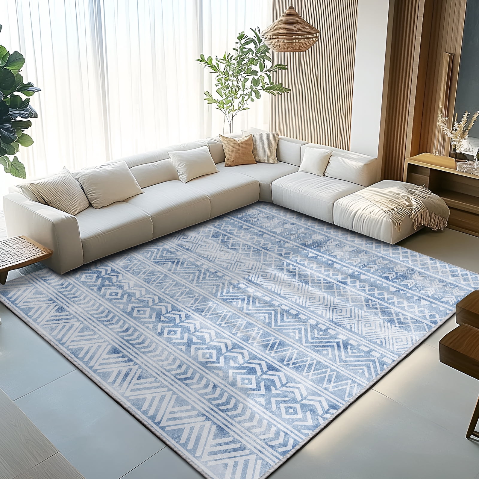 Pentantan Area Rugs 5'x7', Machine Washable Neutral Geometric Living Room Rug, Soft Moroccan Indoor Carpet for Bedroom, Blue