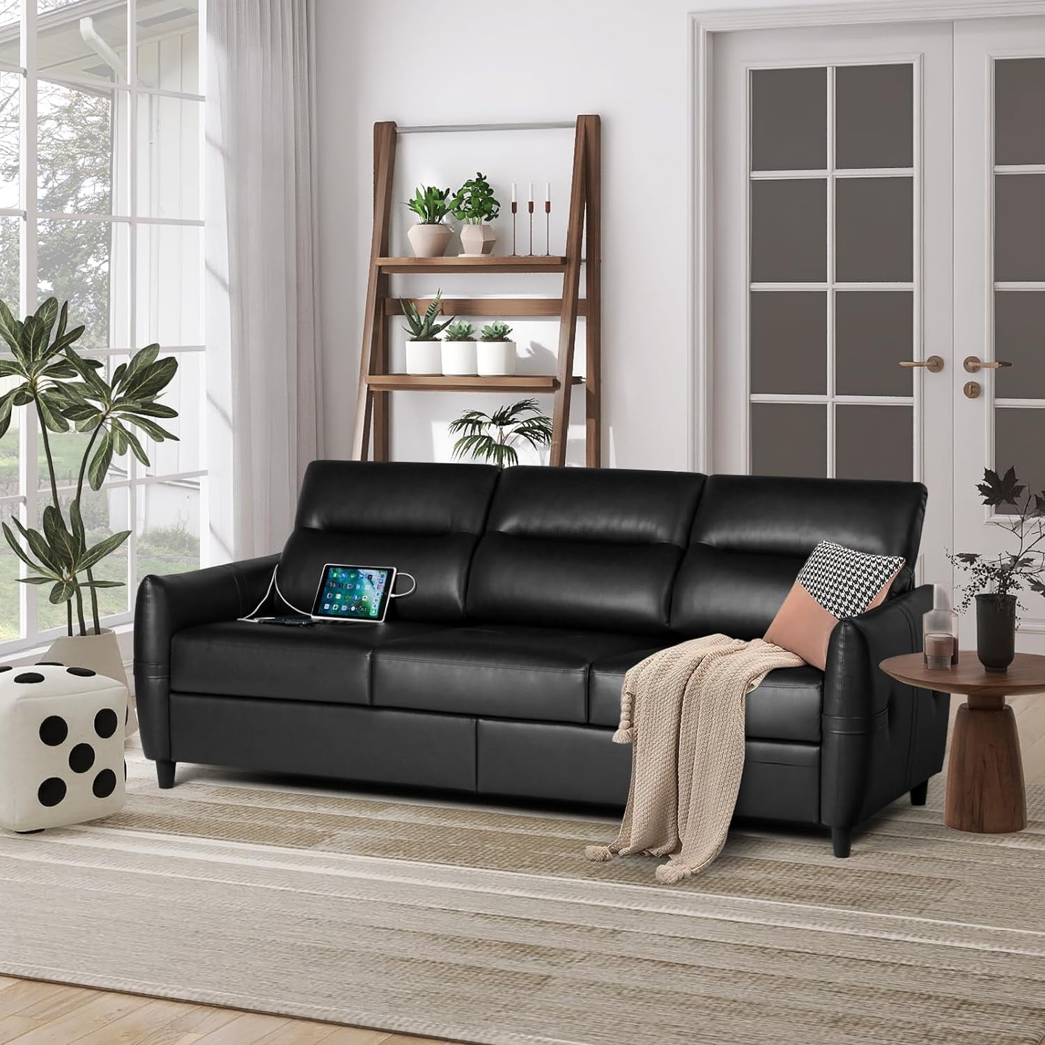 Coewske 85''W 3-Seater Modern Faux Leather Sofa Couch Living Room Office w/ USB Ports Black