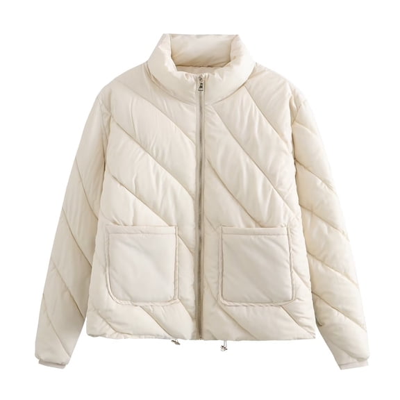 ZHUGeLI Women Cropped Puffer Jacket Winter Warm Lightweight Quilted Twill Coats Long Sleeve Stand Collar Zip Up Short Jacket