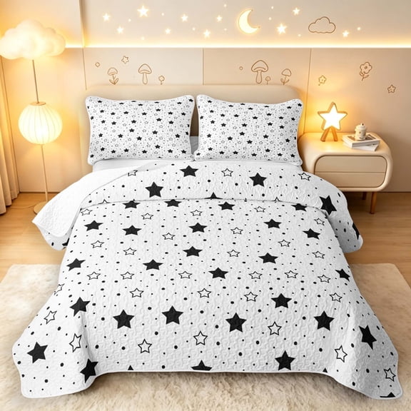 Manfei Modern Stars Twin Quilt Set,Kawaii Cartoon Theme Twin Coverlet Set,Black White,Black Reversible,2 Pieces,1 Bedspread and 1 Pillowcase