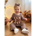 thumbnail image 5 of RUINIXCW Baby Girl Thanksgiving Outfit Turkey Letter Embroidered Ruffled Trim Long Sleeve Romper and Bow Headband 2 Pcs Set for Fall, 5 of 8