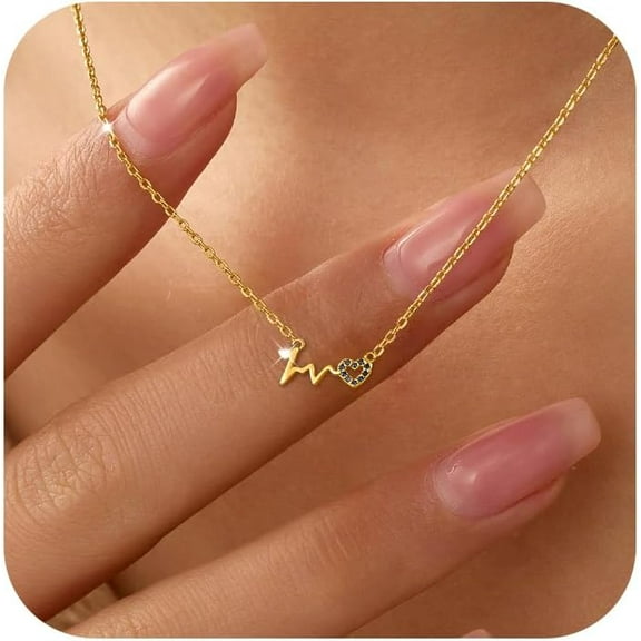 Heartbeat Lifeline Pendant Necklace for Women 925 Sterling Silver 14K Gold Plated Cute Blue Love Heart CZ Life Line Charm Chain Pulse Jewelry Wedding Halloween Birthday Jewelry Gifts for Her