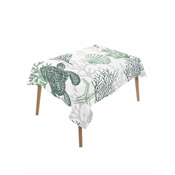 Sage Green Coastal Rectangle Tablecloth, Sea Turtle Nautical Coral Summer Beach Waterproof & StainResistant Tablecloth, Oil-proof Table Cover for Dining/Party/Wedding/Camping/Buffet 60x102 In
