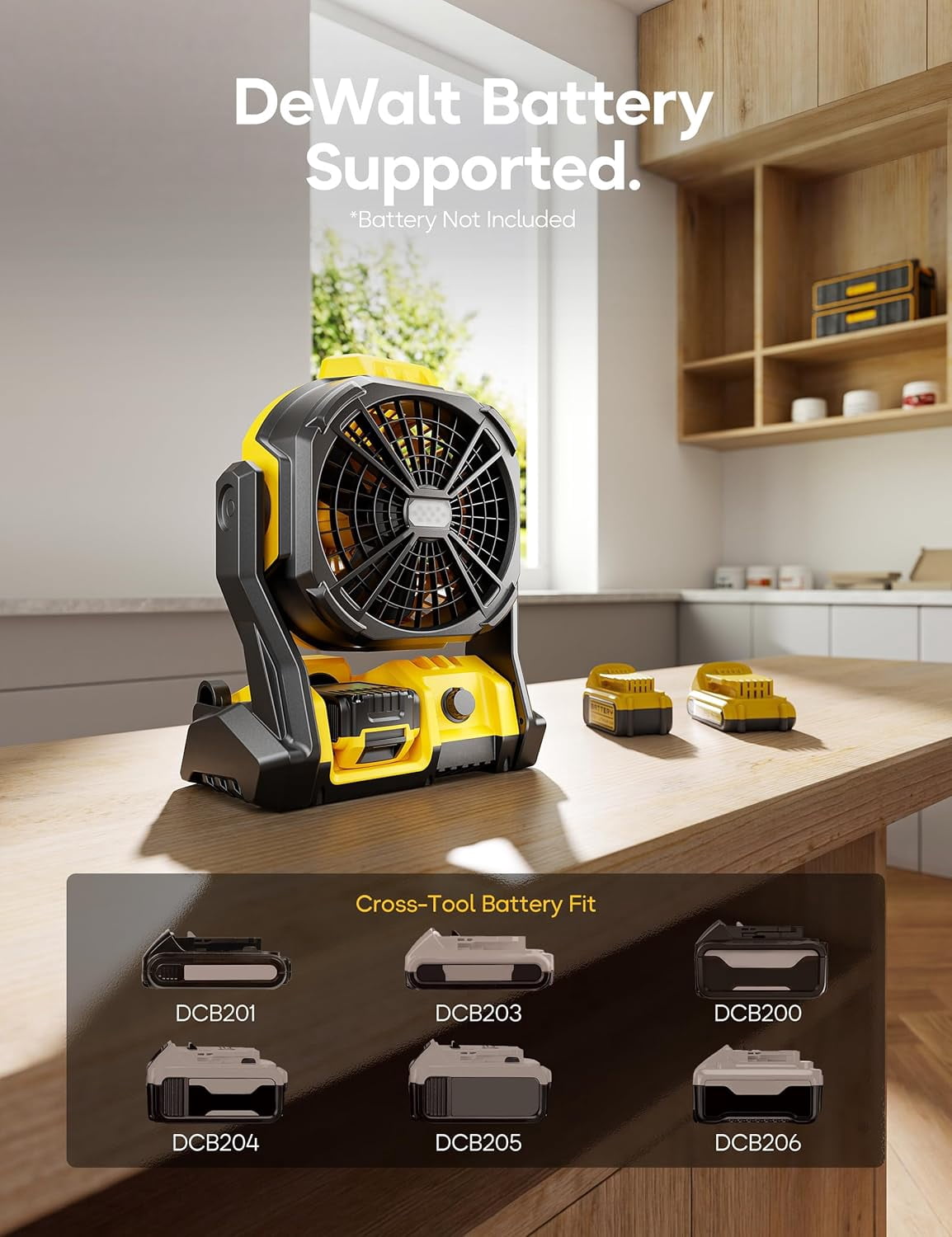 Battery Operated Fan, for DEWALT 20V Max Battery, Camping Fan Cordless, Option for Corded, with LED Lights, Variable Speed, Hook for Hanging, for Jobsite(Battery Not Included)