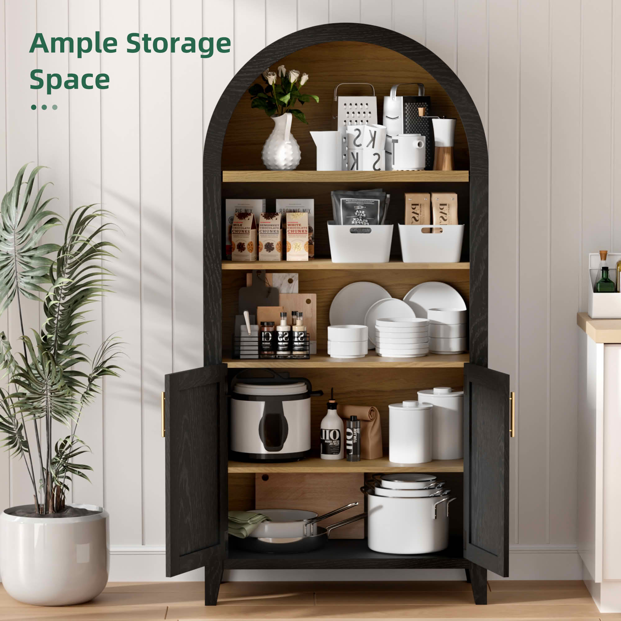 MAYEERTY 63" Arch Cabinet with Rattan Woven Doors Black Beech Wood, for Living Room Entryway