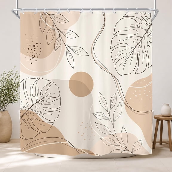 Boho Abstract Botanical Shower Curtain Neutral Leaf Line Art Fabric Bathroom Decor with Hooks 71x71 inches