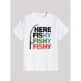 thumbnail image 3 of Camiseta gráfica "Here Fishy Fishy" para hombre: camiseta informal de algodón negra con estampado de cañas de pescar de colores, cuello redondo y manga corta. Ideal para actividades al aire libre en v, 3 of 4