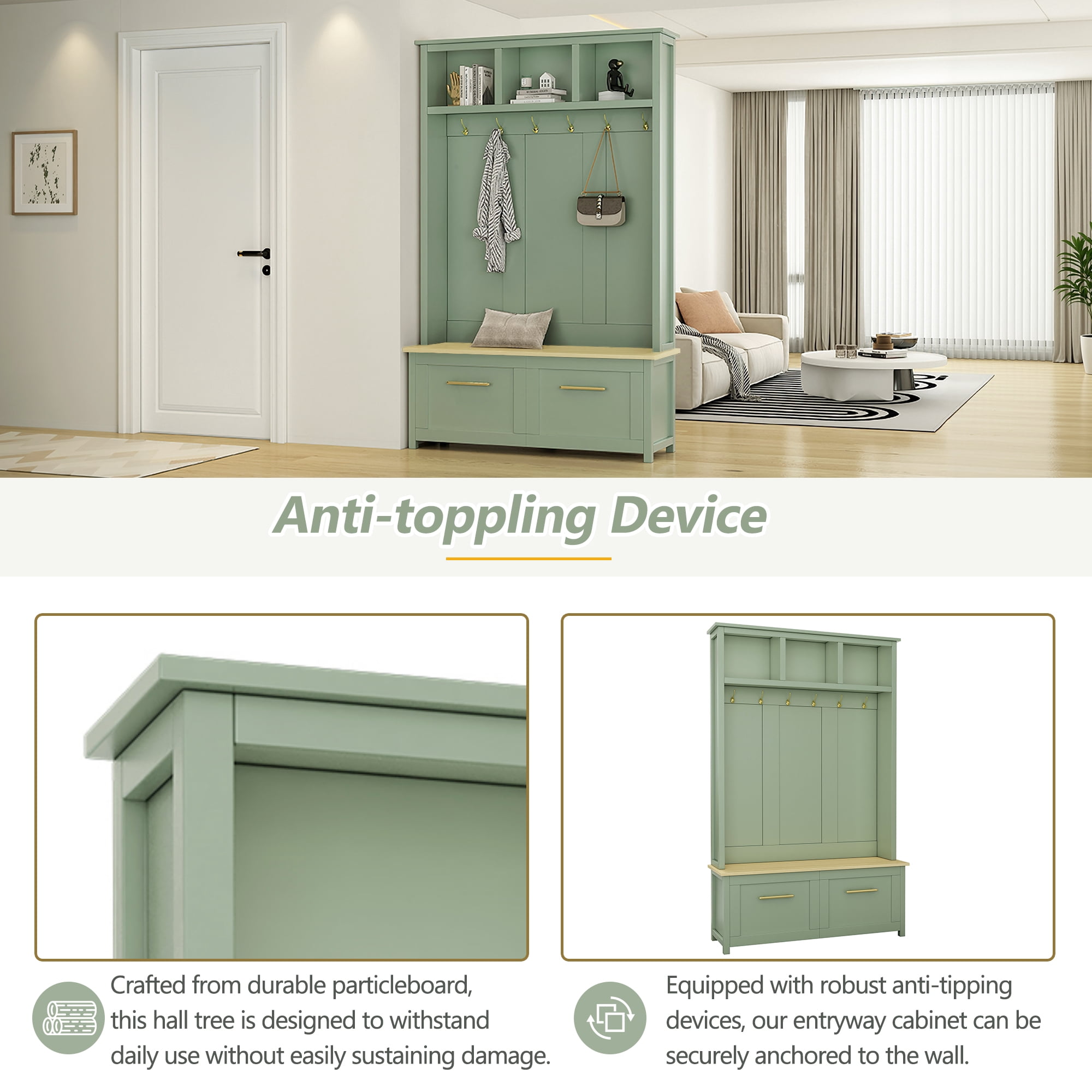 Mintazer 76.6"H Entryway Hall Tree with Bench & 2 Storage Drawers, 4-in-1 Entryway Organizer with Open Hutch Cubbies & 6 Golden Hooks for Mudroom Hallway, Green