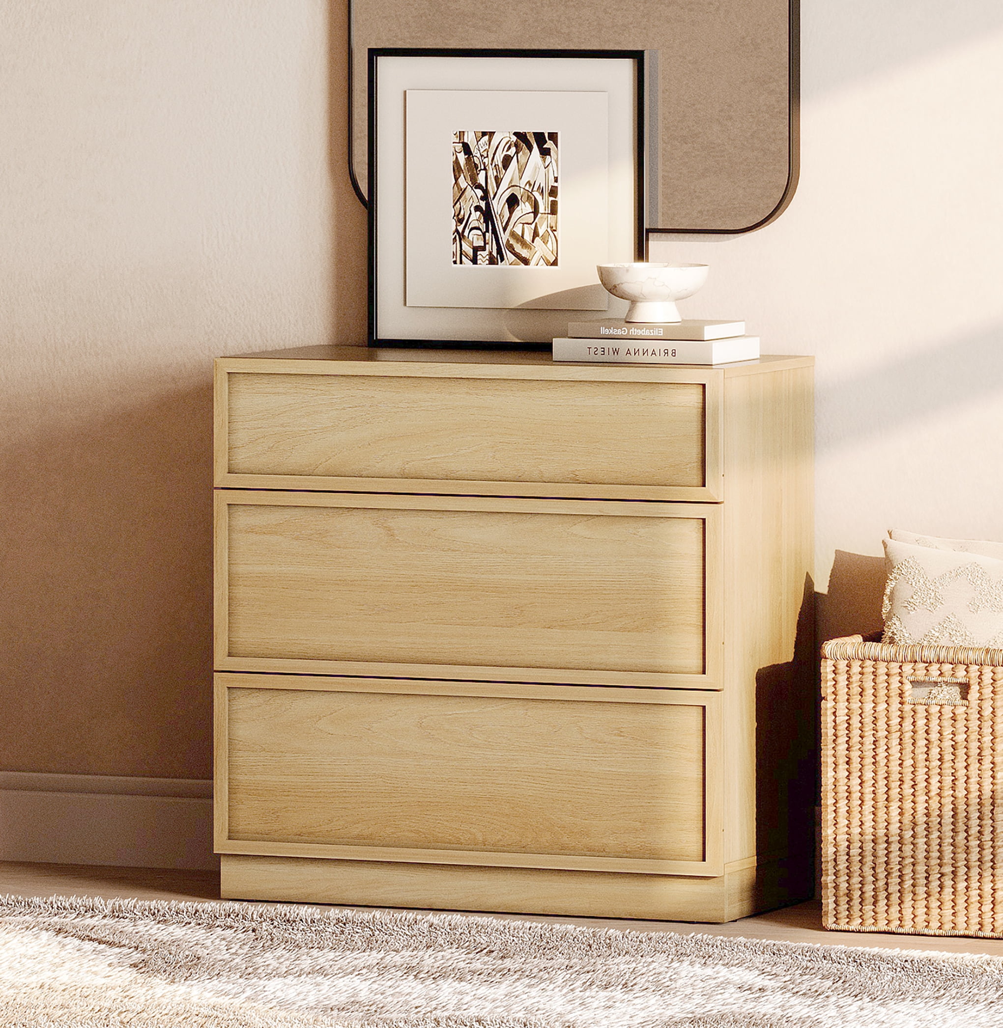 Modern 3-Drawer Wood Dresser, Handle-Free Push-Press Storage Chest with Solid Floor Base, Minimalist Storage Cabinet for Bedroom Living Room, Oak