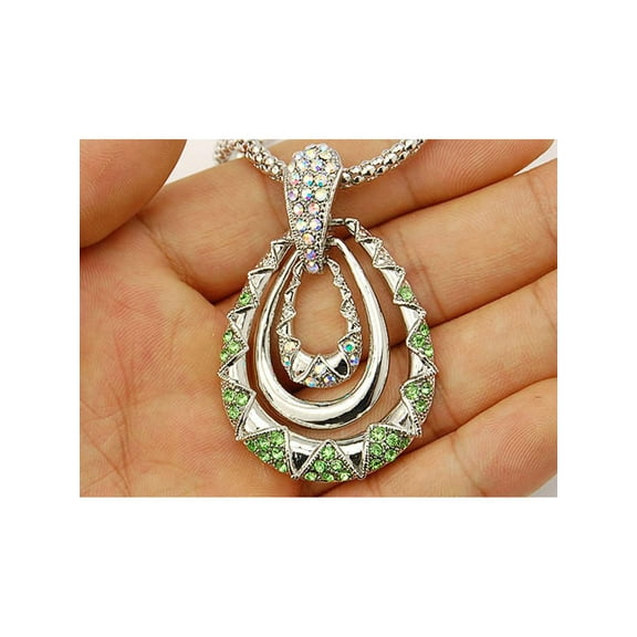 Geometric Peridot Tear Drop Layer Southwest Crystal Rhinestone Pendant Necklace