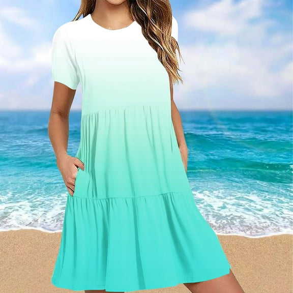 Ftwytp Short Sleeve Crew Neck T Shirt Dress Tiered Swing Mini Dresses with Pockets Beach Vacation Sundress Short Sleeve T Shirt Dress Tiered Mini Dresses With Pockets