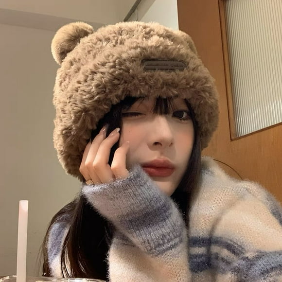Gorro de felpa para mujer, gorro de invierno estilo coreano resistente al frío y al calor, gorro de punto con protección para los oídos engrosado, gorro de lana pequeño con forma de cara