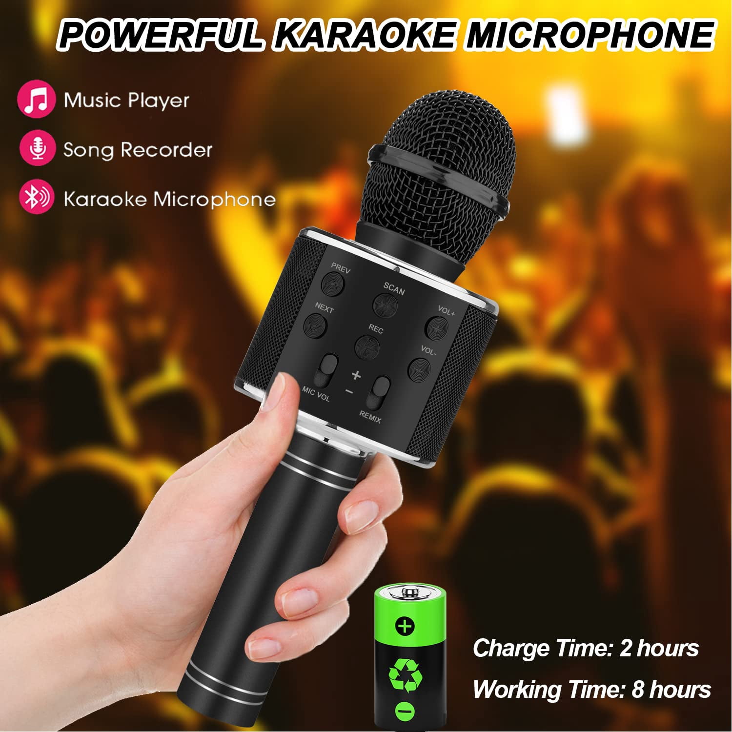 DAKIMOE Wireless Bluetooth Karaoke Microphone, Portable Handheld Singing Microphone for Kids Adults with Stereo Speaker and Voice Changer for All Smartphones, Gifts for Girls Kids Adults, Black