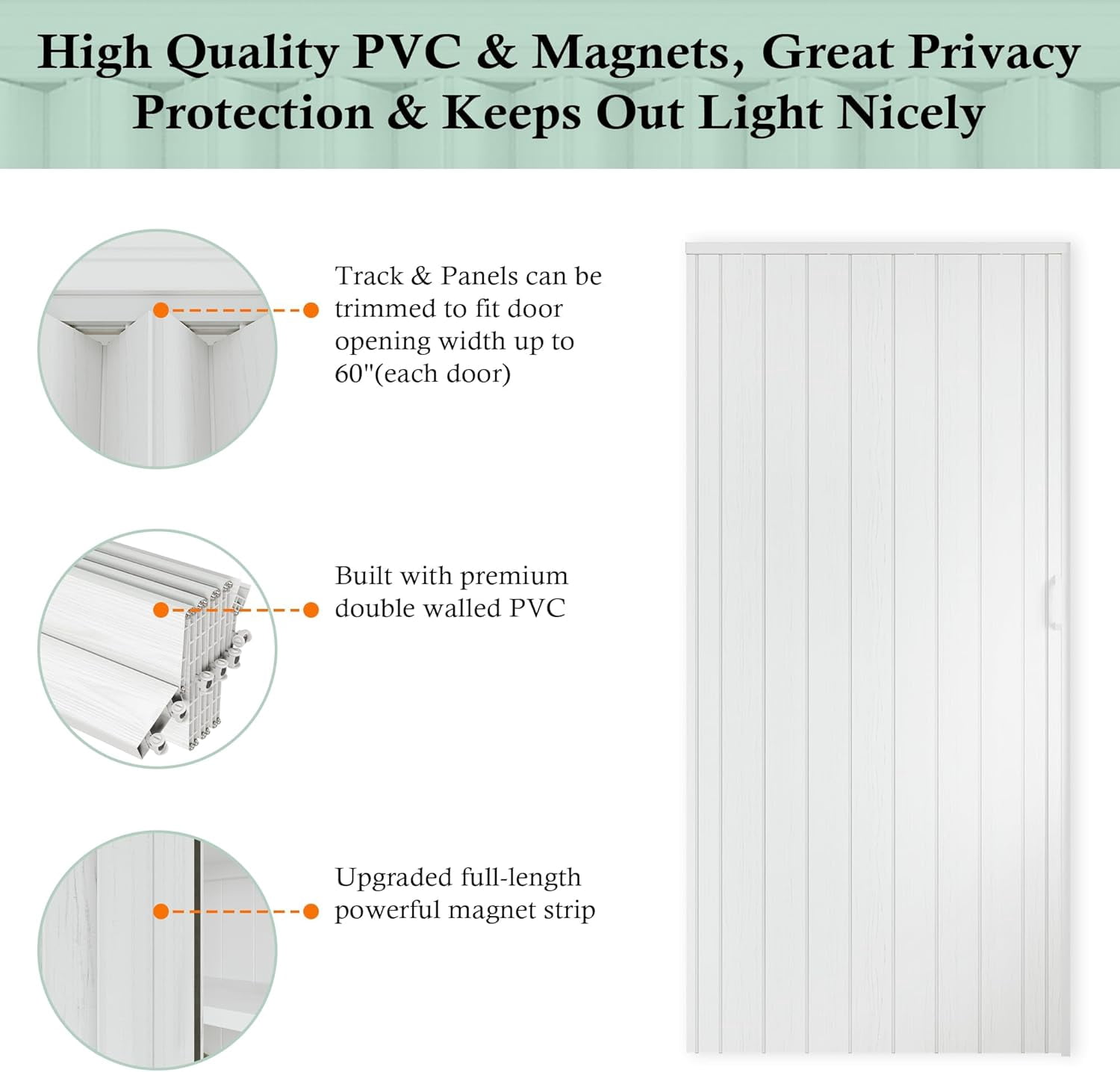 60"x80" White PVC Accordion Style Door - Space Efficient Sliding System for Bedrooms & Walk-In Closets