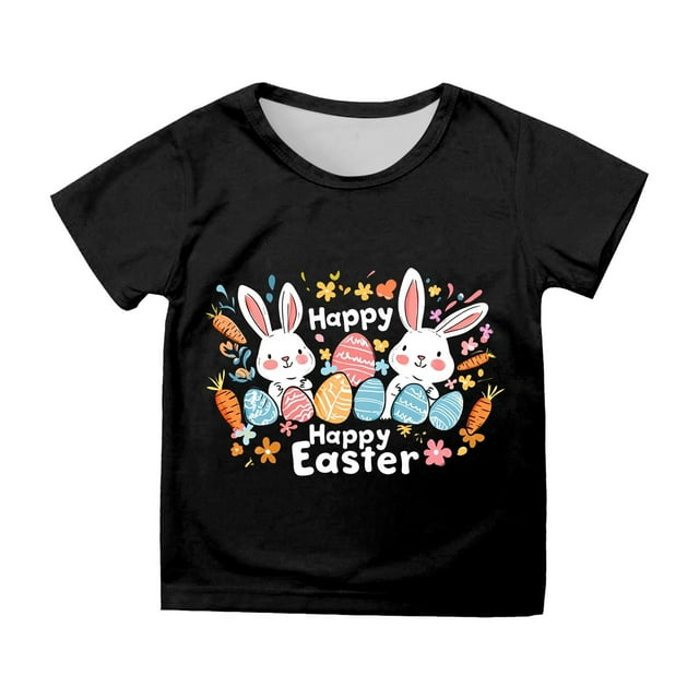 MIASHUI Happy Easter T shirt Boys Girls Rabbit Graphic Printed Tee Casual Short Sleeve Tops,Black,12-13 Years