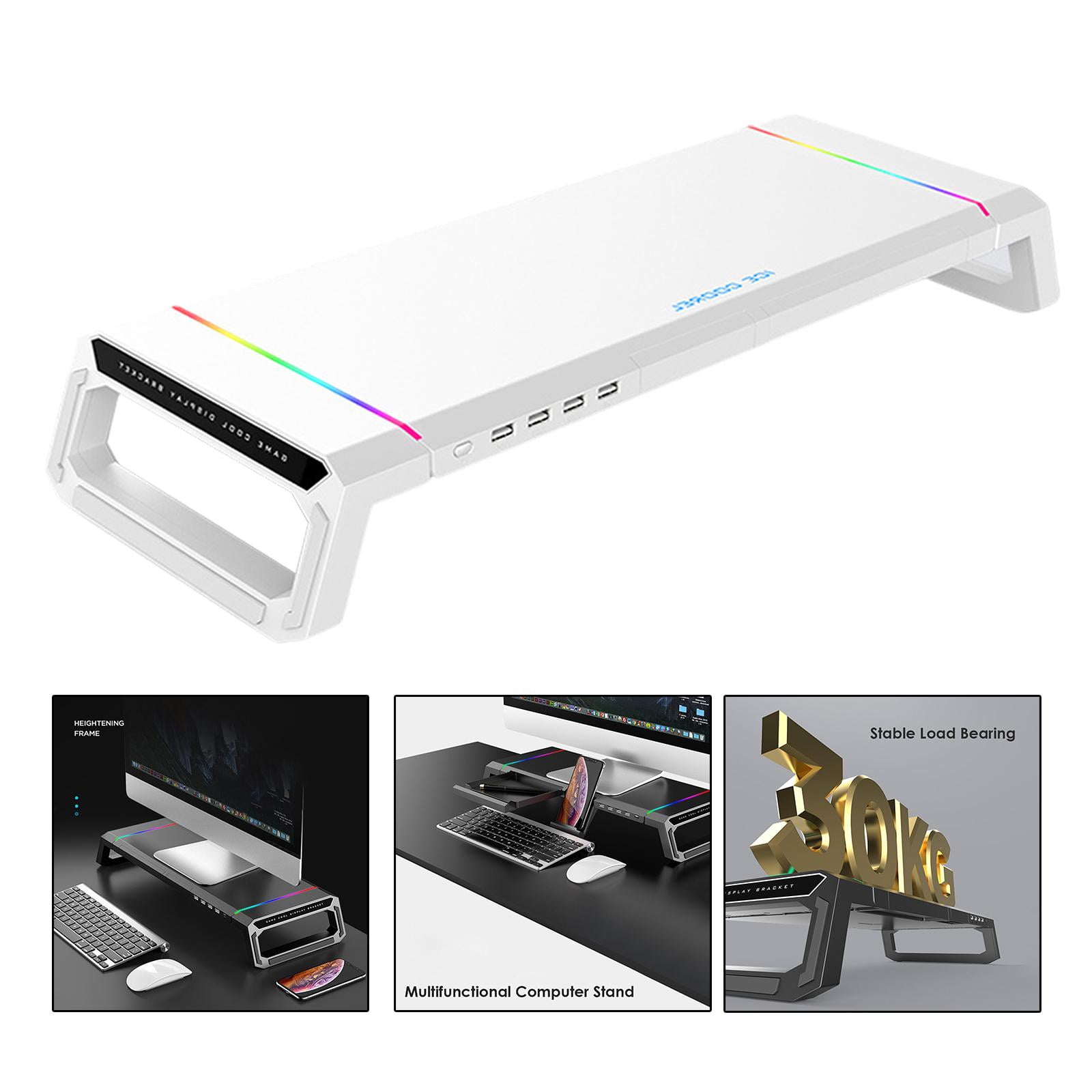 Wzmzjy Foldable Computer Monitor Stand Riser Bracket RGB 4 USB 2.0 Keyboard Tray, Elegant Design White