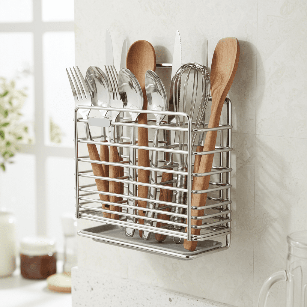 Utensil Holder Kitchen Organizer Cutlery Rack Stainless Steel Three Compartments for Home Wall Mount Storage Drying