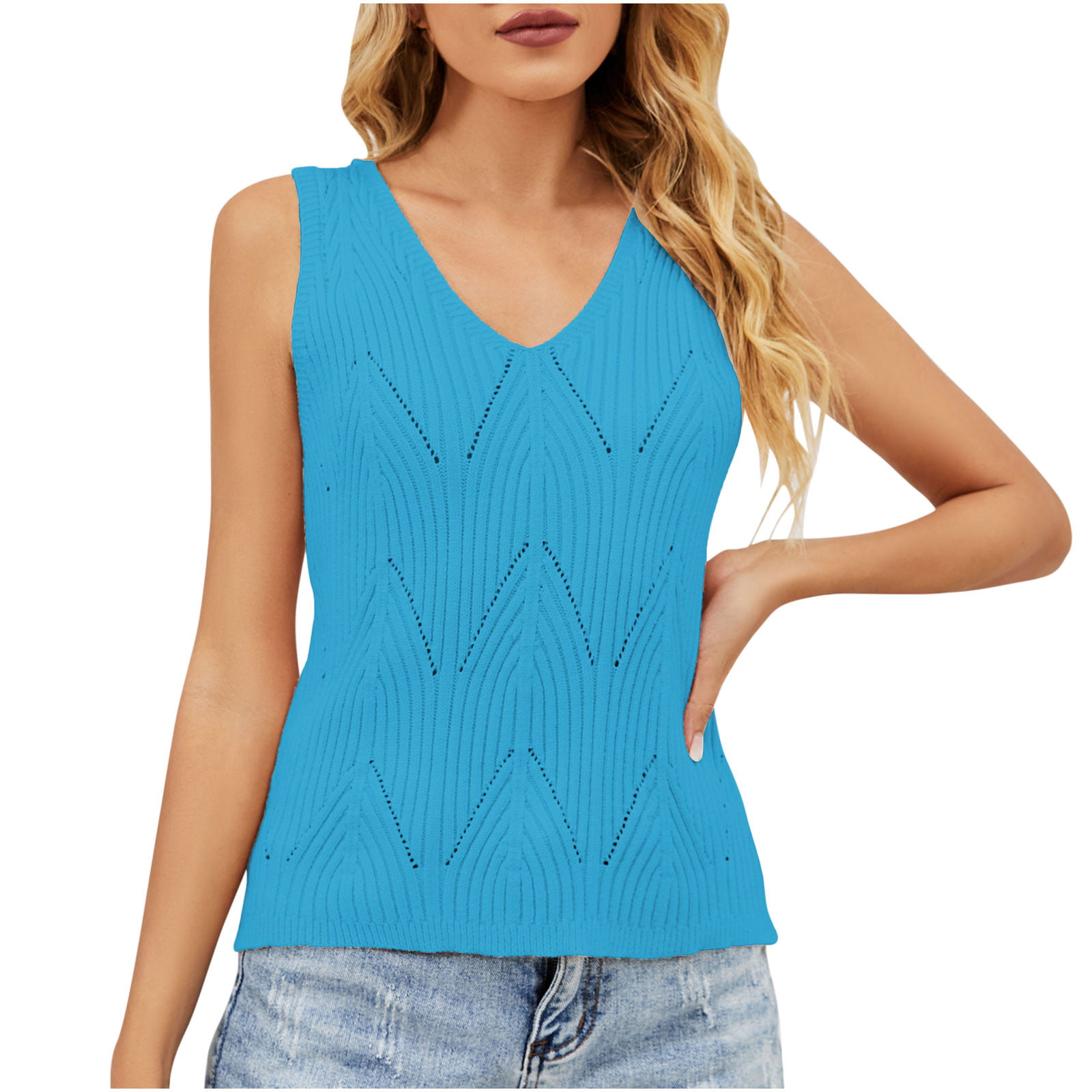 RQYYD Reduced Women's Sexy Crochet Knit V Neck Tank Tops Sleeveless Hollow  Out Casual Loose Fit Cami Sweater Vest(Blue,L) - Walmart.com