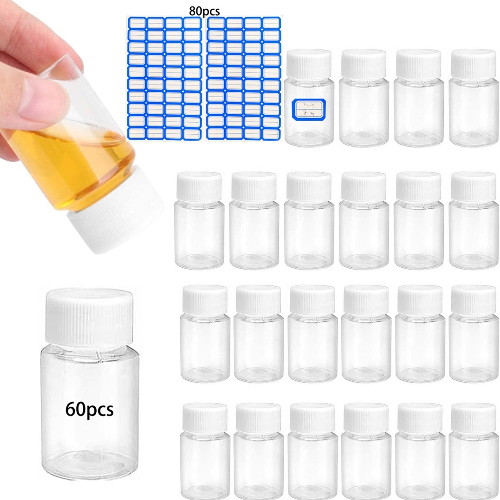 Pack of 60 Leakproof Medicine Storage Containers 15ml Reusable Bottles with Lids Transparent Lotions Dispenser Bottles
