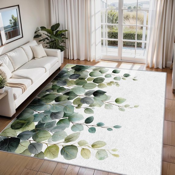 Eucalyptus Green Leaf Area Rugs, Modern Farmhouse Botanical Carpet, Washable Non Slip Low Pile Soft Rug for Living Room Bedroom Decor Mat 2ftx3ft