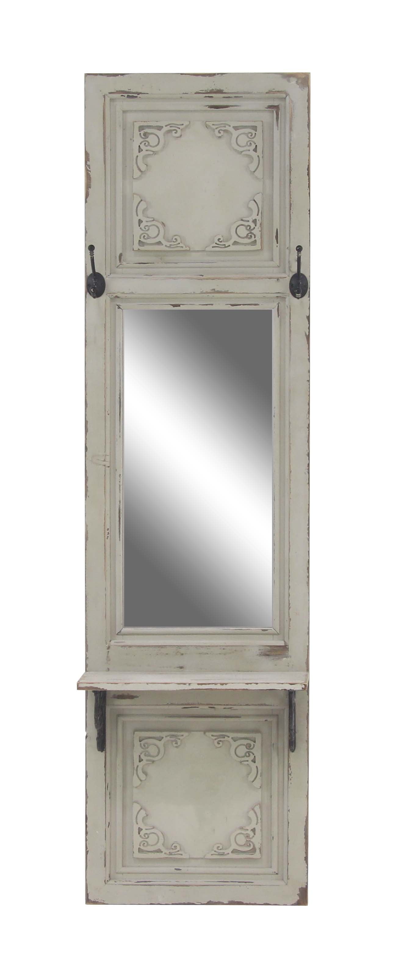 Decmode Traditional White Wood And Metal Rectangular Wall Mirror With Hooks Shelf