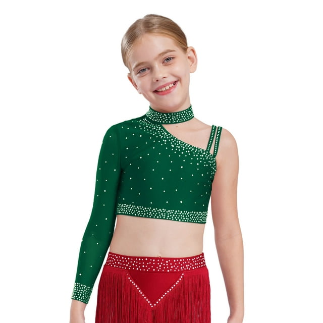 Runhomal Kids Girls Shiny Rhinestone Irregular Shoulder Lyrical Modern Latin Jazz Ballet Dance Crop Tops Athletic Shirts Green 6
