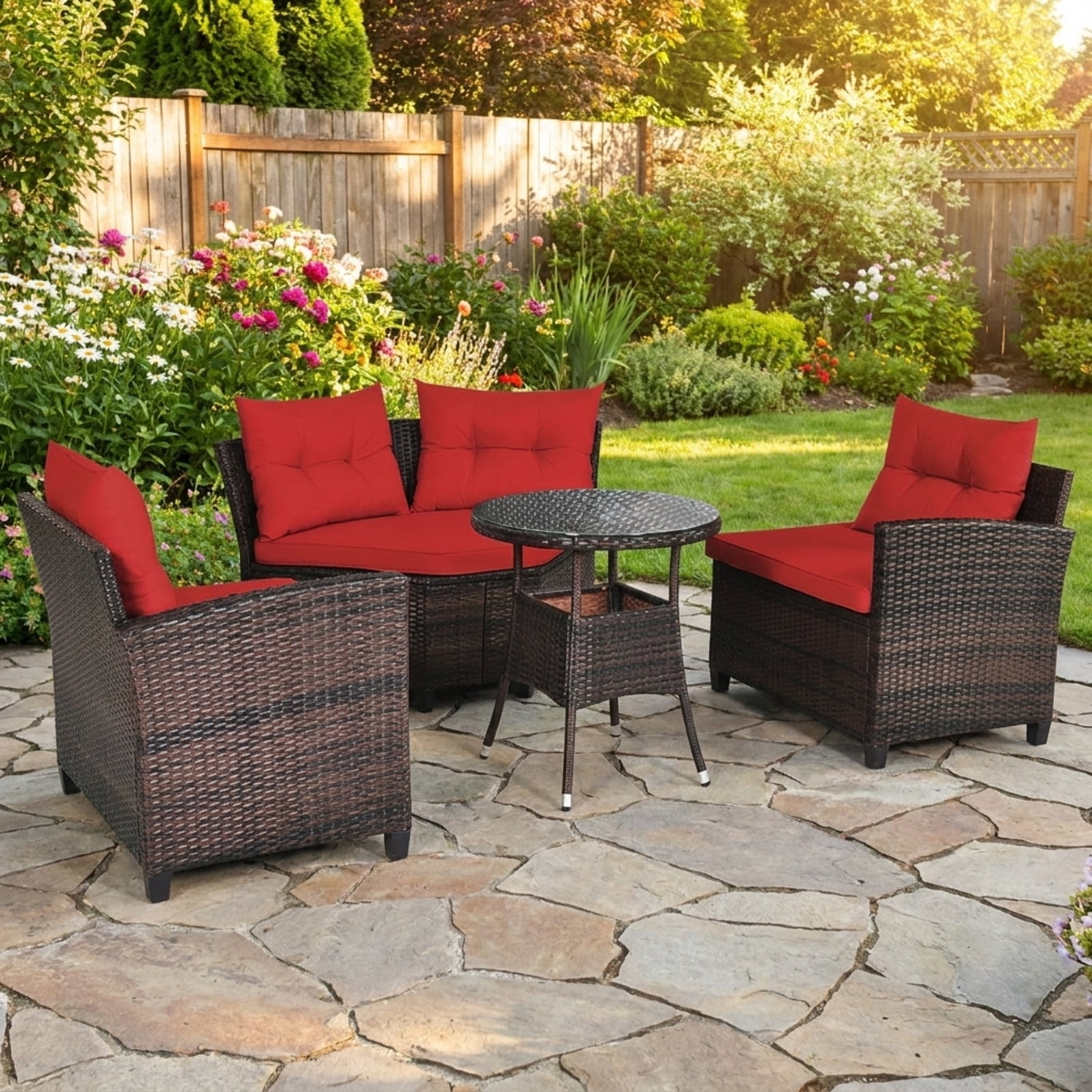 Furnibear 4 Pieces Outdoor Cushioned Rattan Furniture Set Patio Conversation Set with Loveseat Two Armchairs and Table for Backyard, Red