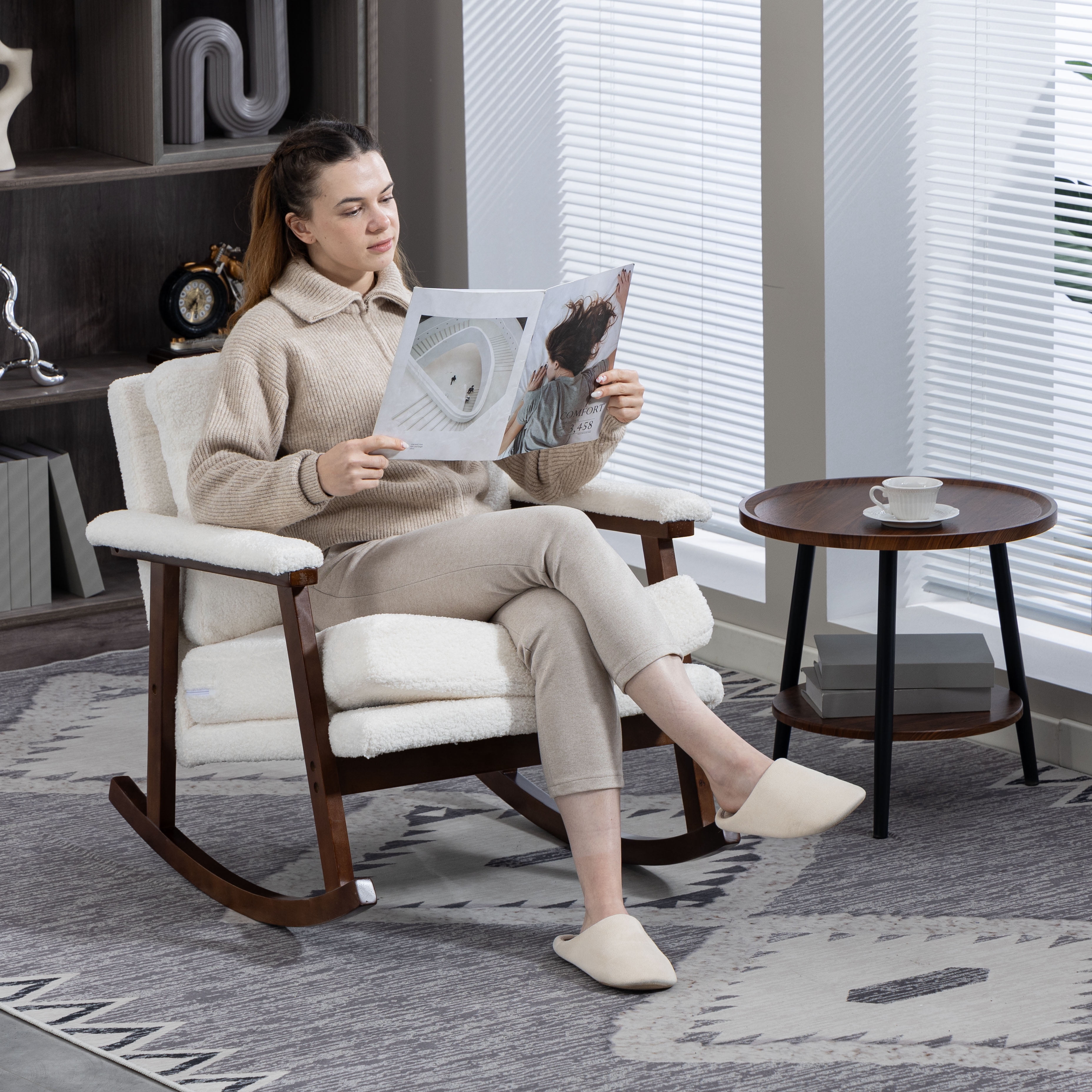 Aukfa Upholstered Accent Rocking Chair with High-Density Foam Cushio for Living Room Bedroom Reading,250 lbs Capacity,White